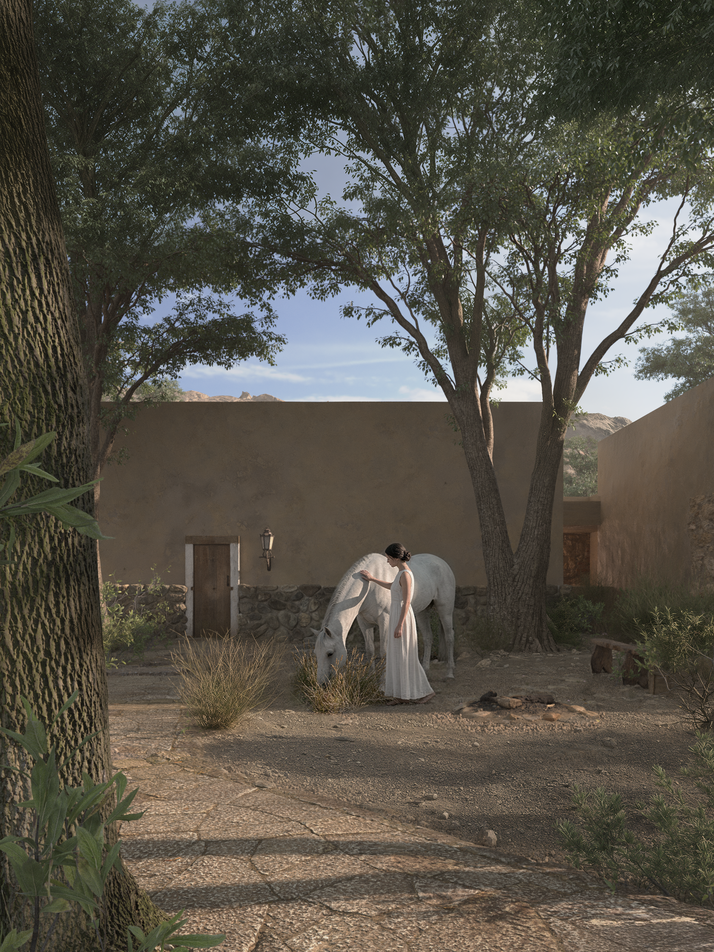 Render arquitectónico Architect-Led — vivienda rural de adobe con escena habitada, ejemplo de mirada arquitectónica