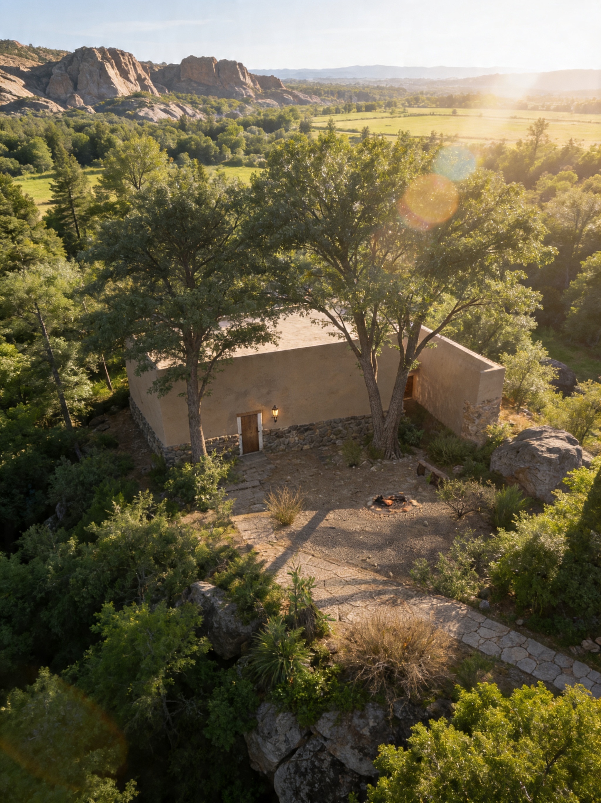 Render arquitectónico aéreo — vista cenital de vivienda rural en paisaje con atardecer
