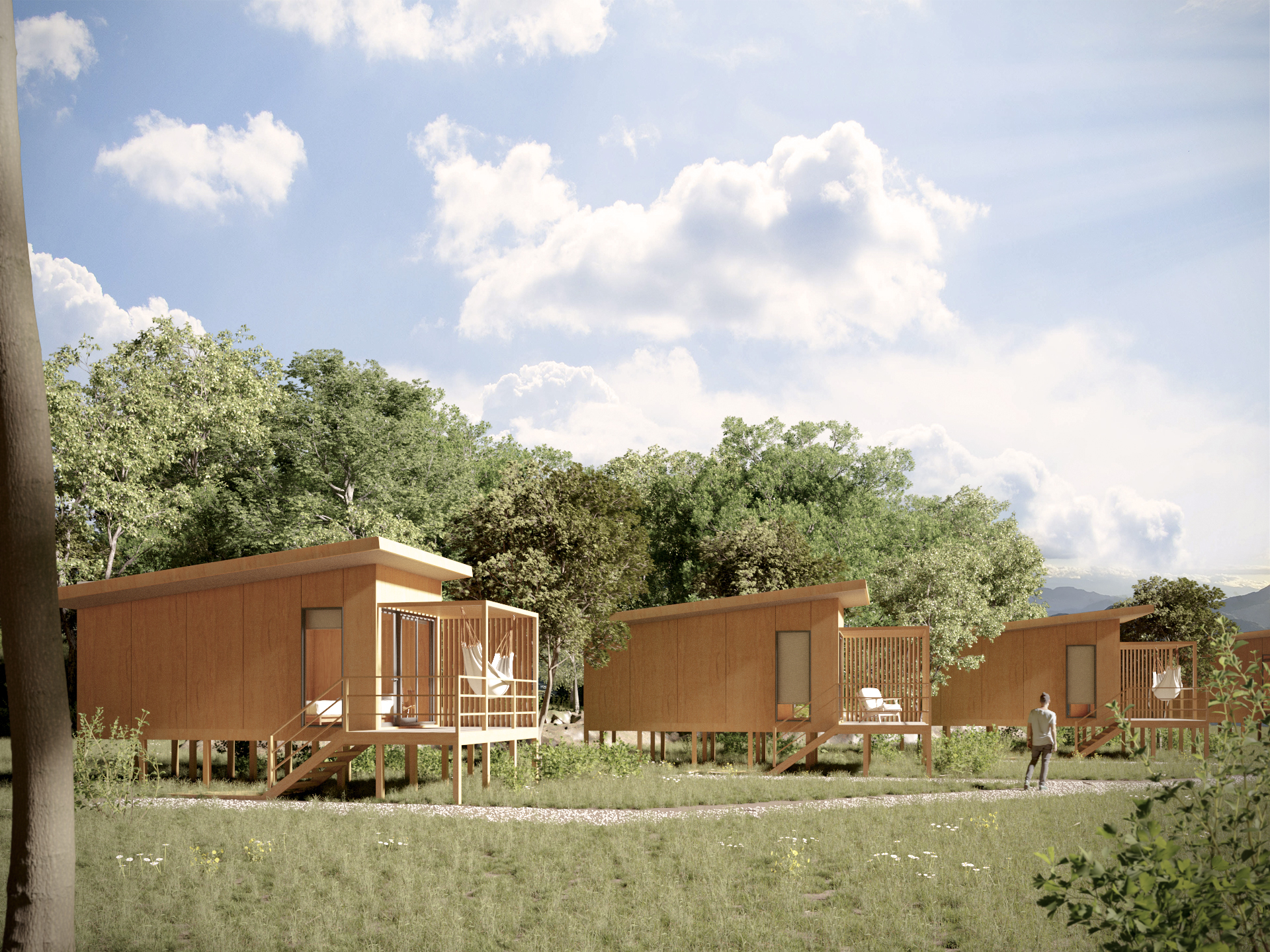 Block — exterior cabaña, vista a nivel de tierra