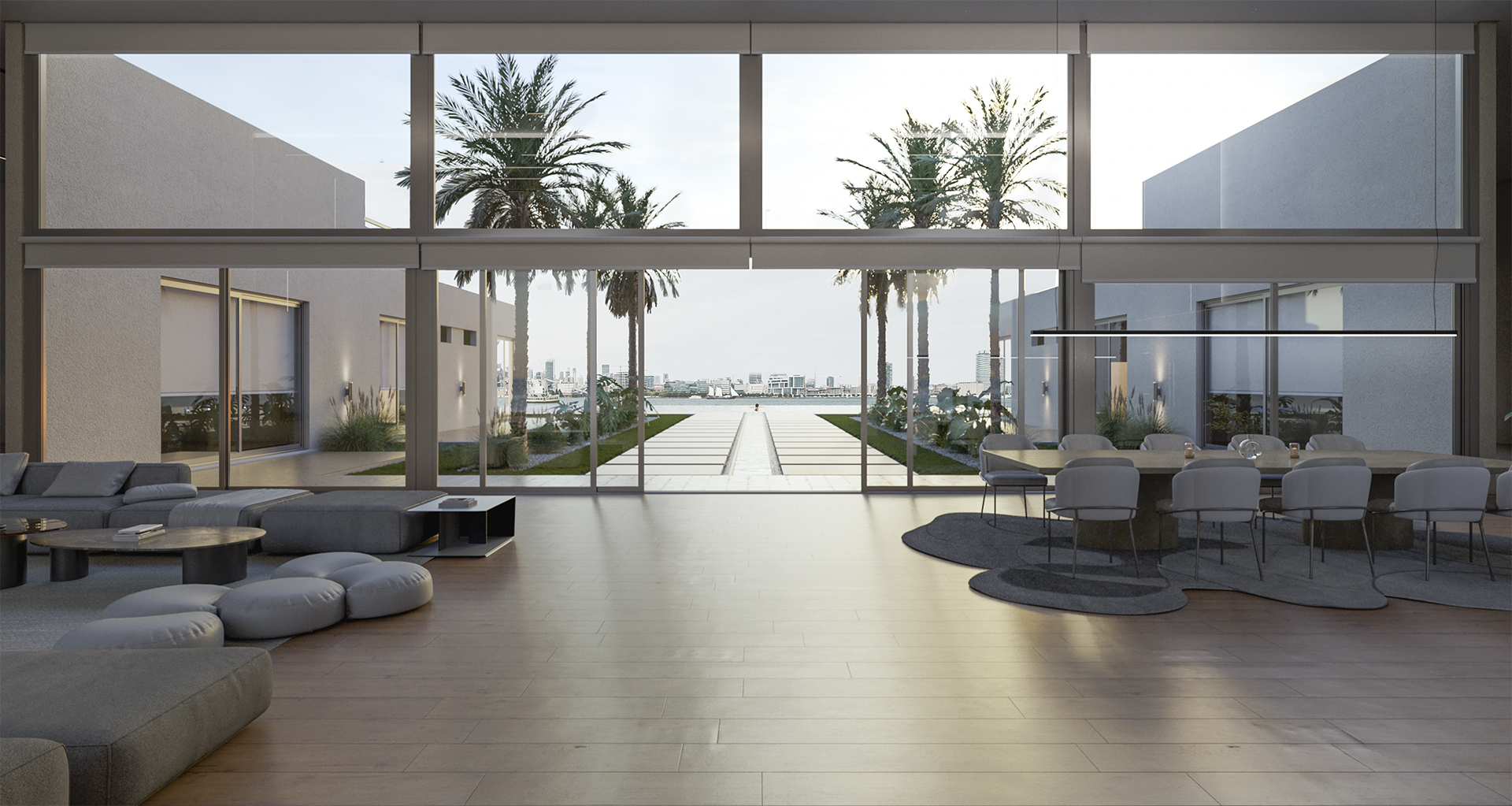 Canal House — living comedor, vista al horizonte