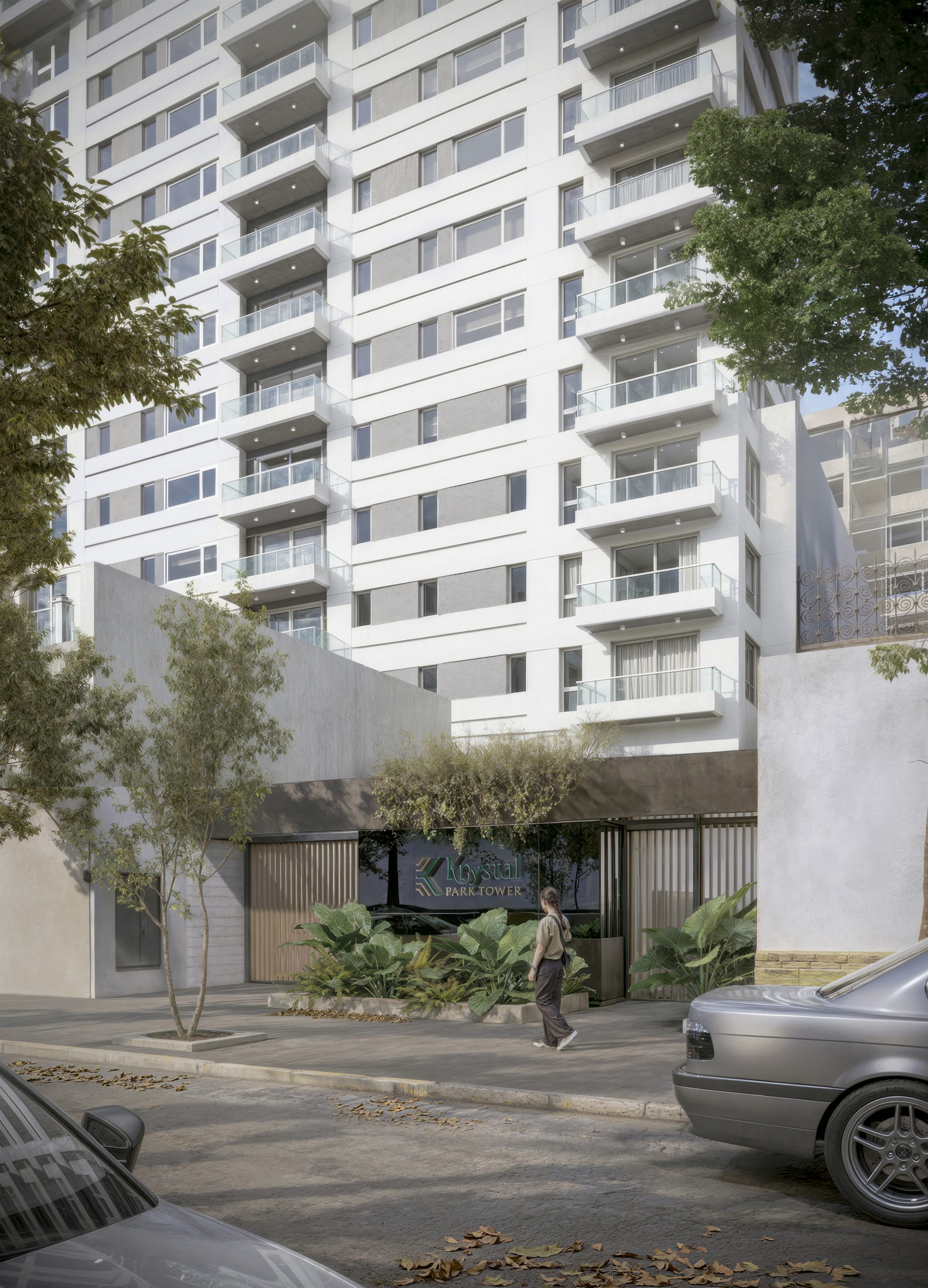 Krystal Park Tower — fachada lateral B, volumen completo